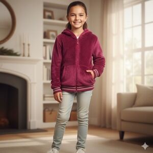 Arizona Jean Co Girls Burgundy Plush Fleece Full Zip Hoodie Jacket Size L 14